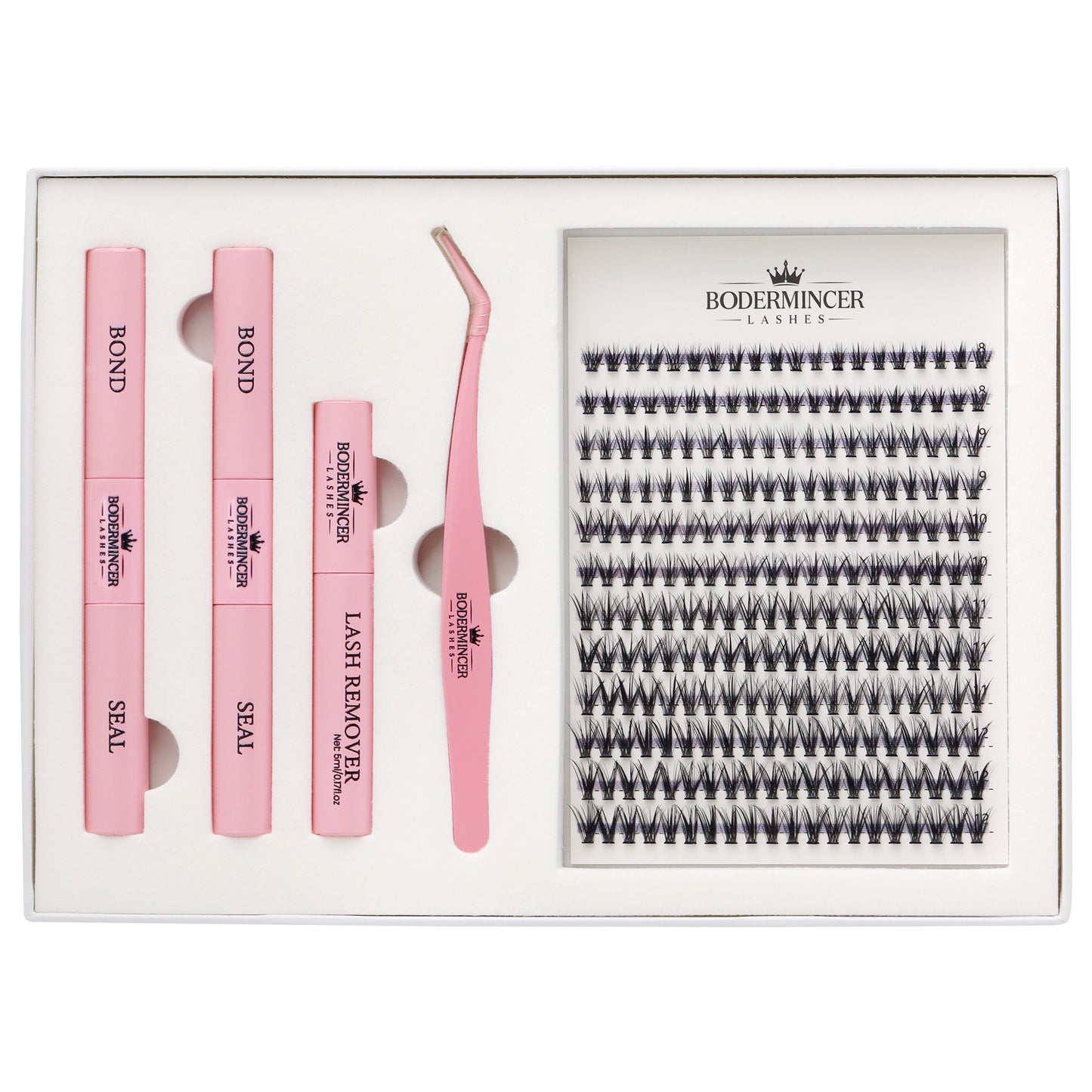 BODERMINCER 20D Lash Clusters Kit, CC Curl, 8-12mm Short Mixed Complete DIY kit with 2 Bond & Seal tubes, remover and lash tweezers.