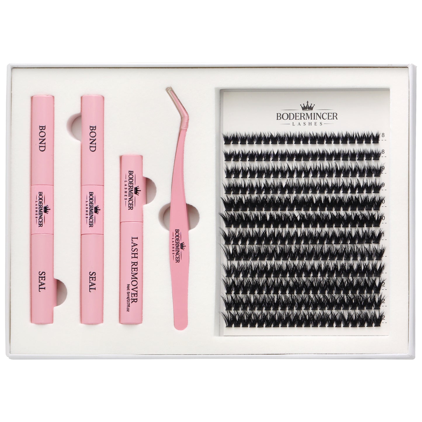 BODERMINCER 80D Wispy Lash Clusters Kit with Mirror, D Curl, 8-12mm Full 80D wispy clusters with short mixed lengths, complete tools and a convenient built-in oval mirror.