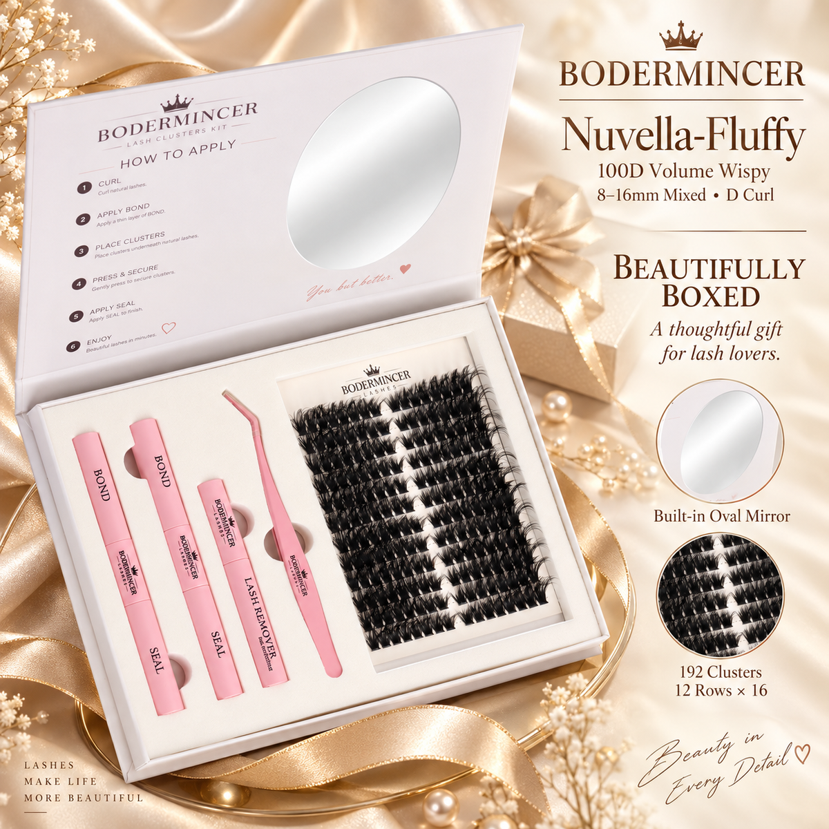 BODERMINCER Nuvella-Fluffy-100D Pre-mapped Lash Clusters Kit 8-16mm Mixed