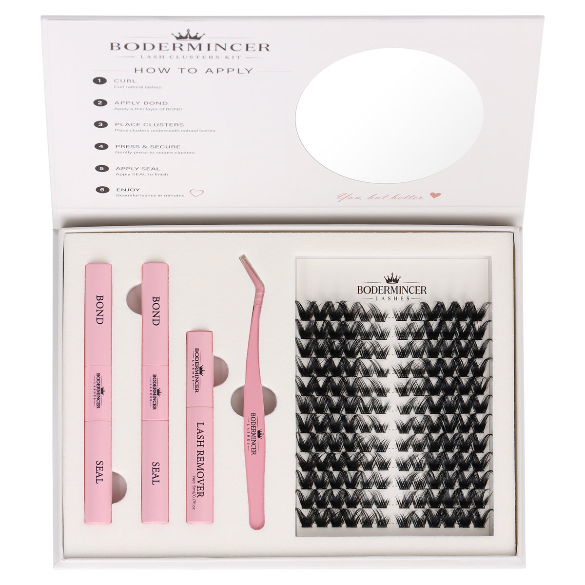 BODERMINCER Midnight Silk-XF02 Pre-mapped Lash Clusters Kit 8-16mm Mixed D Curl