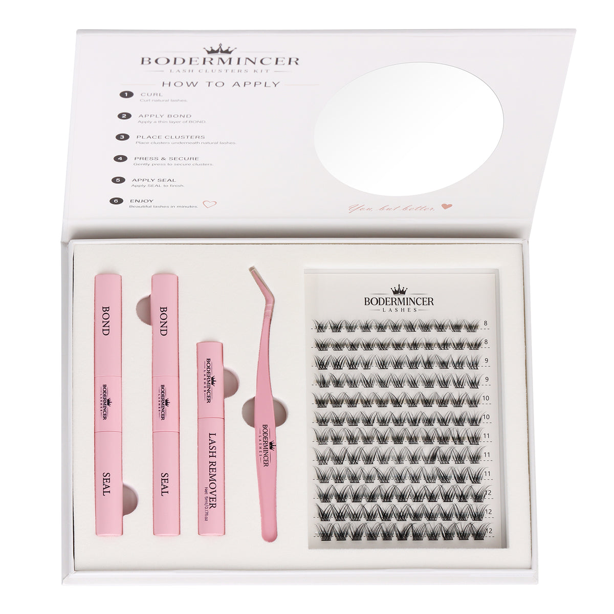 BODERMINCER M06# 8-9-10-11-12mm Mixed Lash Clusters Kit Natural D Curl