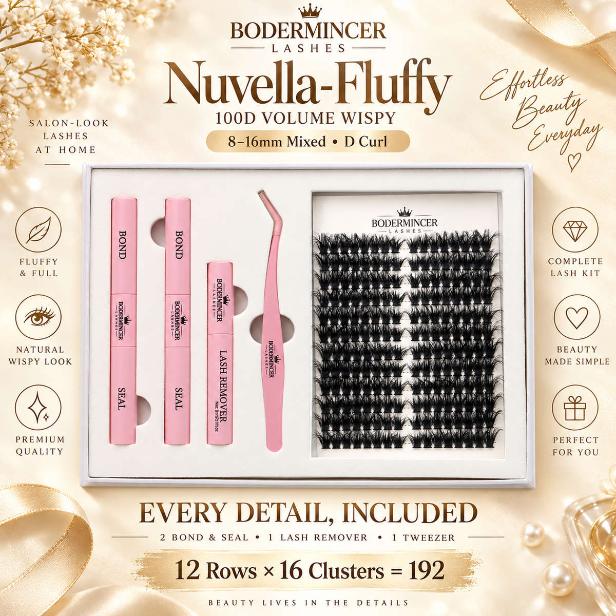 BODERMINCER Nuvella-Fluffy-100D Pre-mapped Lash Clusters Kit 8-16mm Mixed