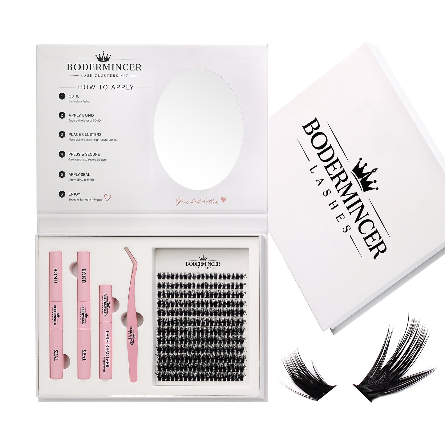 BODERMINCER 60D Wispy Lash Clusters Kit with Mirror, D Curl, 8-12mm Natural 60D wispy clusters with short mixed lengths, complete tools and a convenient built-in oval mirror.