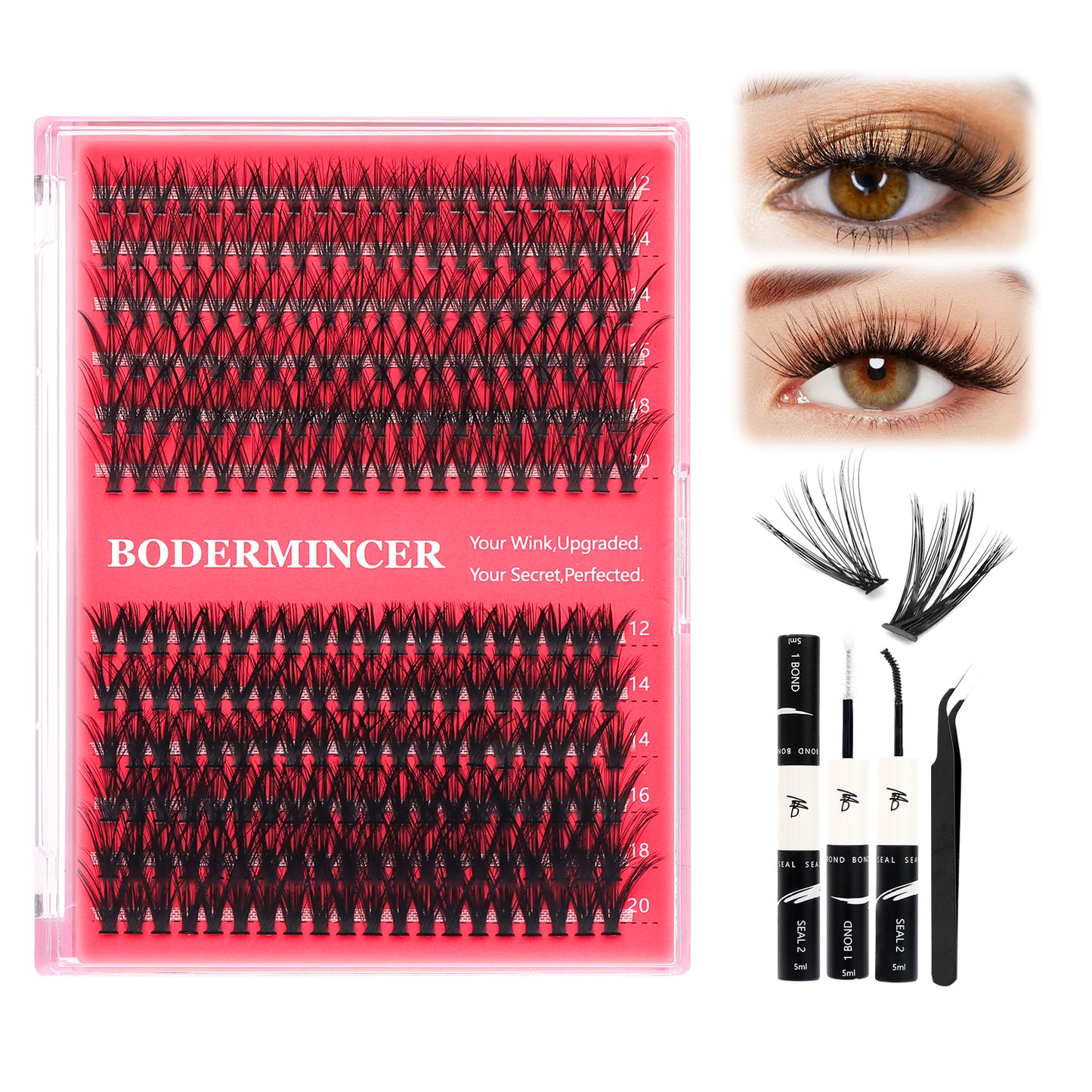 BODERMINCER 240pcs D Curl 20D+40D 12-20mm Mixed Lash Clusters Kit With Bond And Seal ,Tweezers