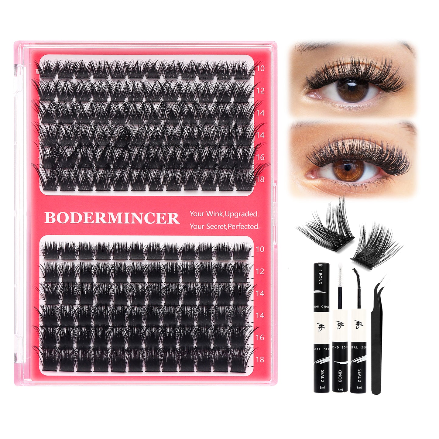 BODERMINCER S0033#+S001T# 10-12-14-16-18mm Mixed Lash Cluster Kit D Curl