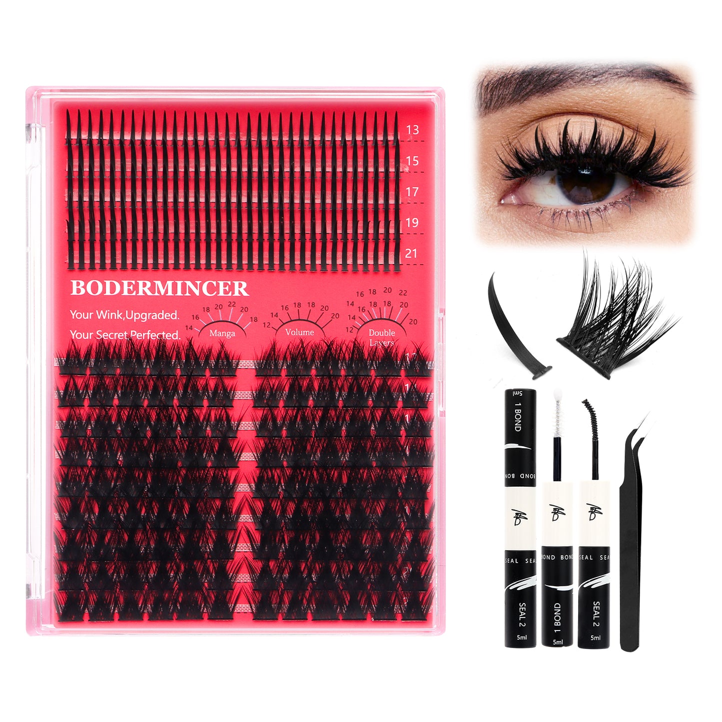 BODERMINCER Spiky Lashes 13-21mm + M0037# 12-22mm Mixed Volume Lash Clusters Kit