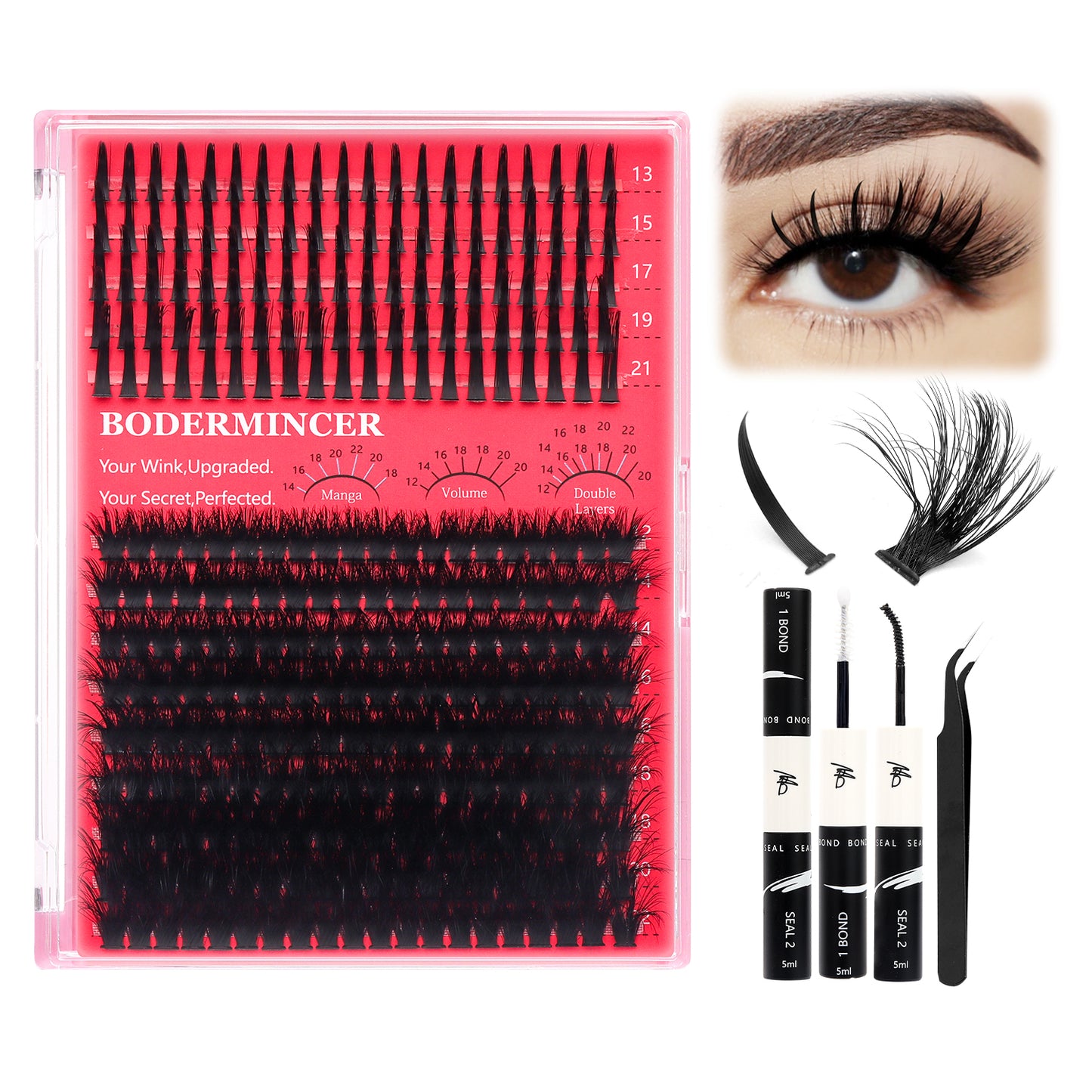 BODERMINCER Natural Spiky Lashes 13-21mm +100D Fluffy Individual Lash Clusters 12-22mm Mixed Lash Kit