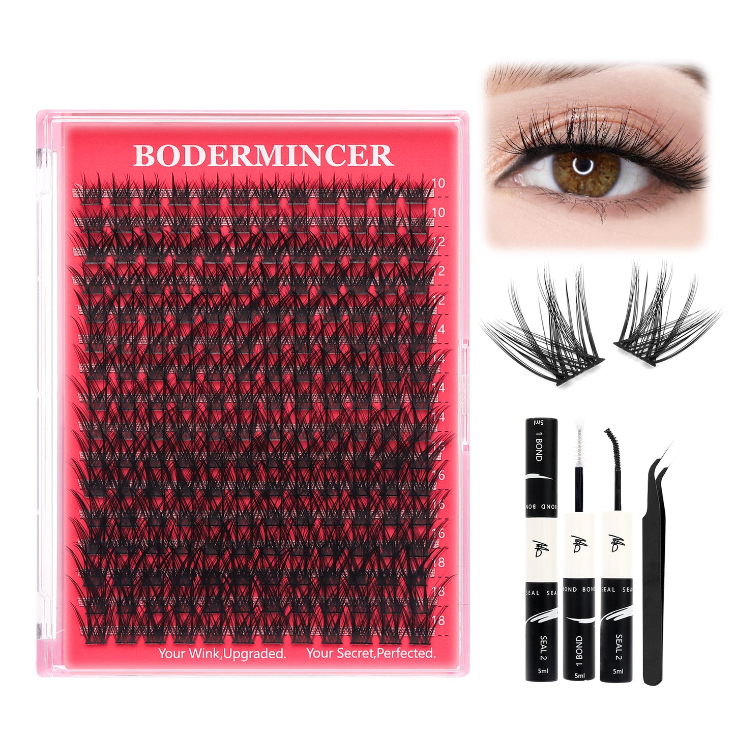 BODERMINCER MY007# 10-12-14-16-18mm Mixed Natural Wispy Lash Clusters Kit D Curl