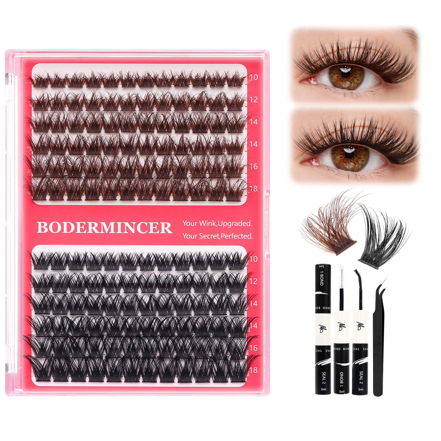 BODERMINCER S0033# Fluffy Dark Brown+Natural Black Lash Clusters Kit 10-12-14-16-18mm Mixed