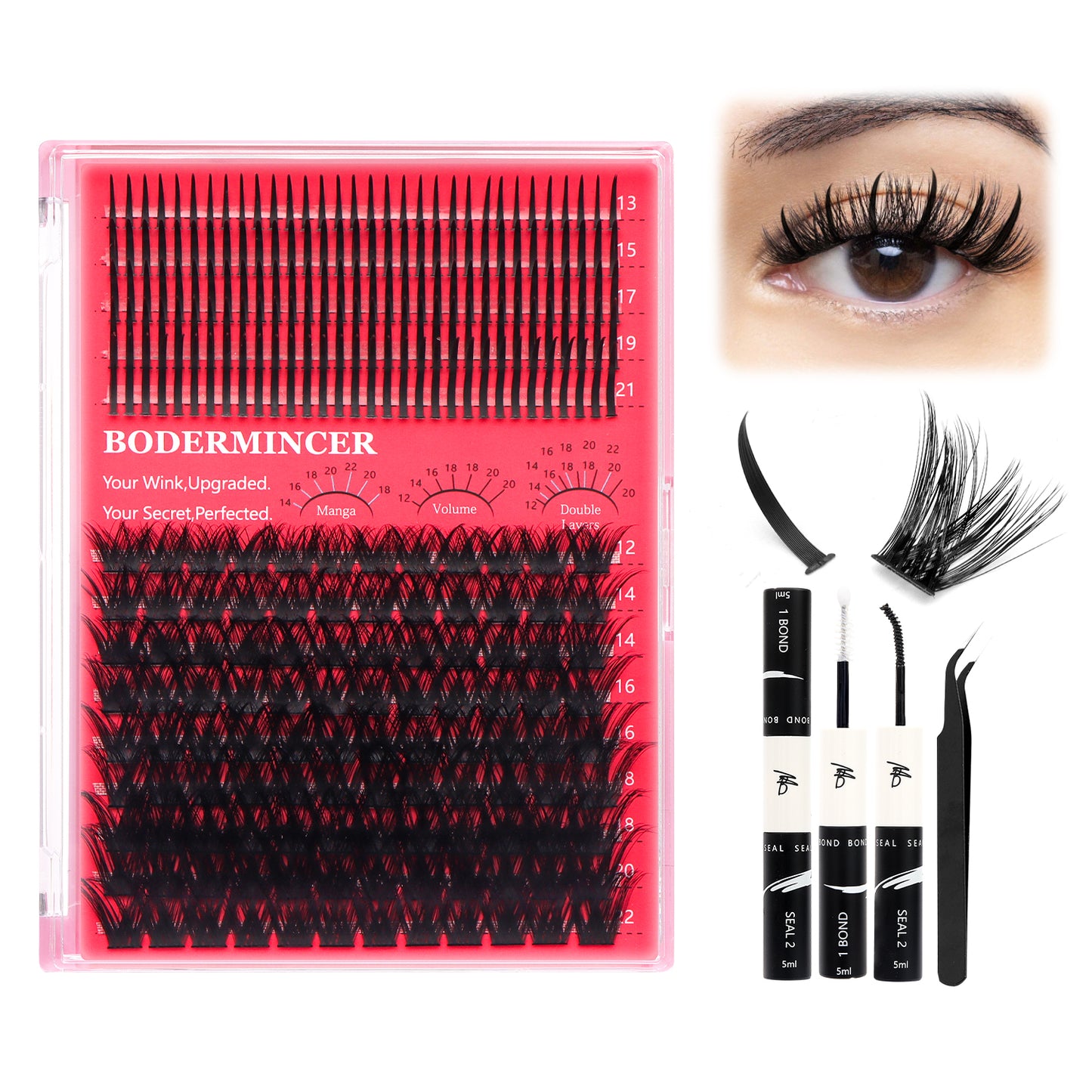 BODERMINCER Spiky Lash 13-21mm +M0033# 12-22mm Mixed Volume Lash Clusters Kit