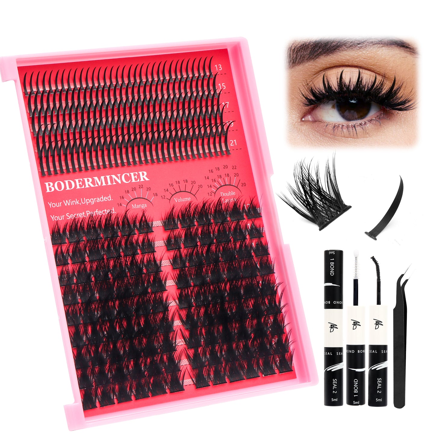 BODERMINCER Spiky Lashes 13-21mm + M0037# 12-22mm Mixed Volume Lash Clusters Kit