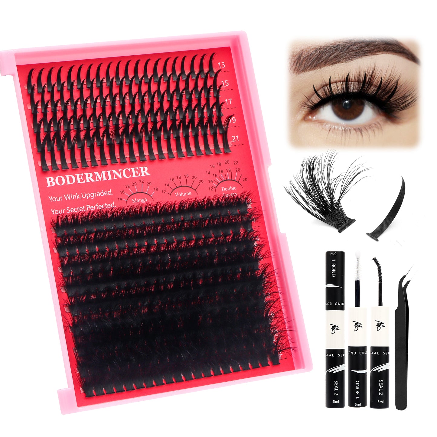 BODERMINCER Natural Spiky Lashes 13-21mm +100D Fluffy Individual Lash Clusters 12-22mm Mixed Lash Kit