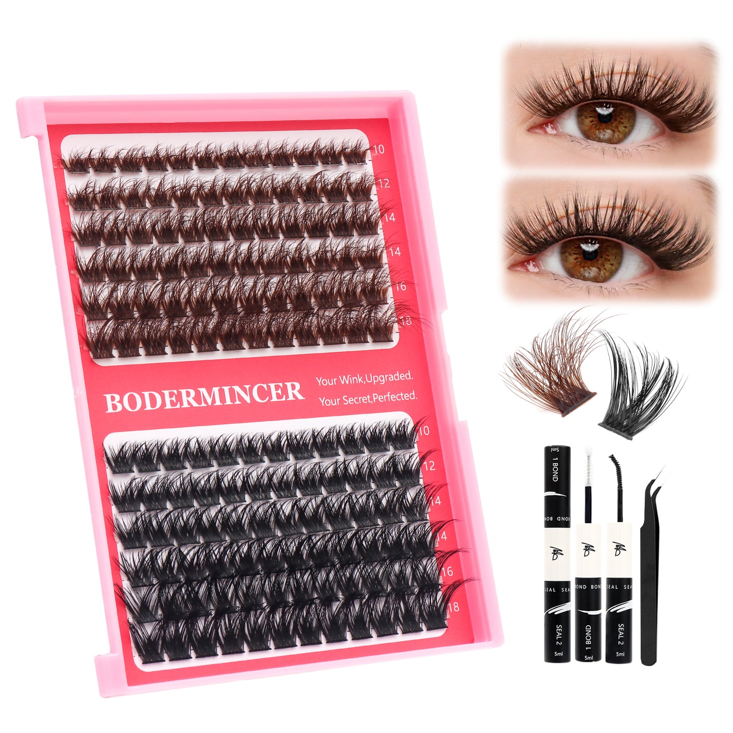 BODERMINCER S0033# Fluffy Dark Brown+Natural Black Lash Clusters Kit 10-12-14-16-18mm Mixed