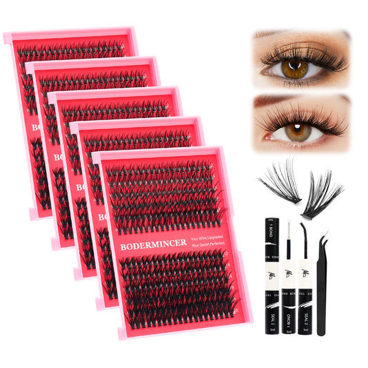 BODERMINCER 5 Packs 20D+40D Lash Clusters  1200pcs D Curl Lash Clusters Kit With Bond and Seal Tweezers