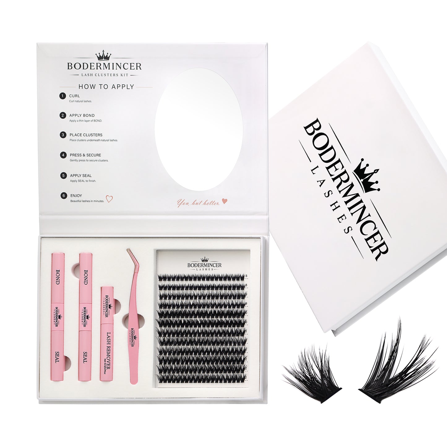BODERMINCER 80D Wispy Lash Clusters Kit with Mirror, D Curl, 8-12mm Full 80D wispy clusters with short mixed lengths, complete tools and a convenient built-in oval mirror.