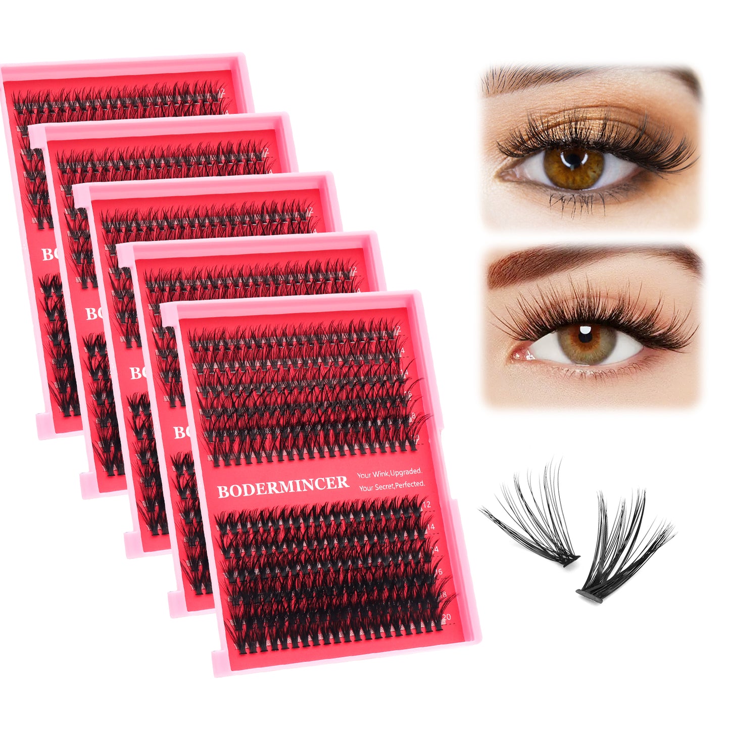 BODERMINCER 5 Packs 20D+40D Lash Clusters  1200pcs D Curl Lash Clusters Kit With Bond and Seal Tweezers
