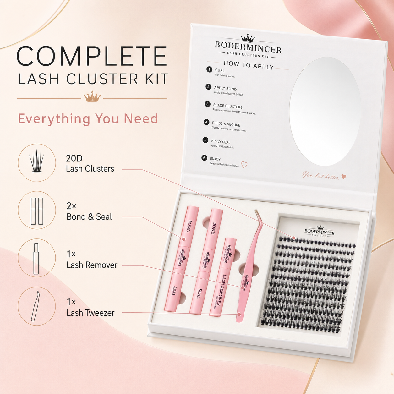 BODERMINCER 20D Lash Clusters Kit, CC Curl, 8-12mm Short Mixed Complete DIY kit with 2 Bond & Seal tubes, remover and lash tweezers.