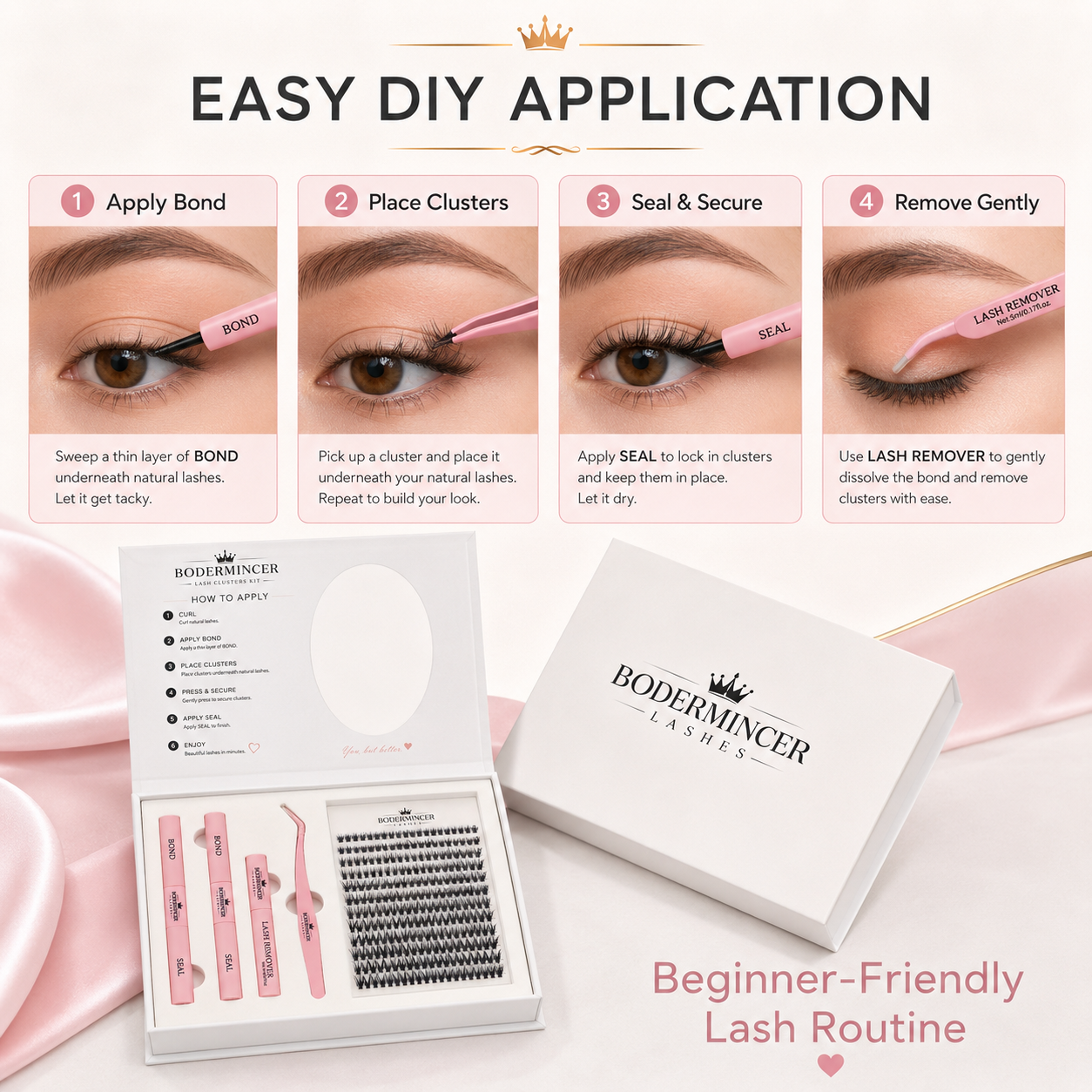 BODERMINCER 20D Lash Clusters Kit, CC Curl, 8-12mm Short Mixed Complete DIY kit with 2 Bond & Seal tubes, remover and lash tweezers.