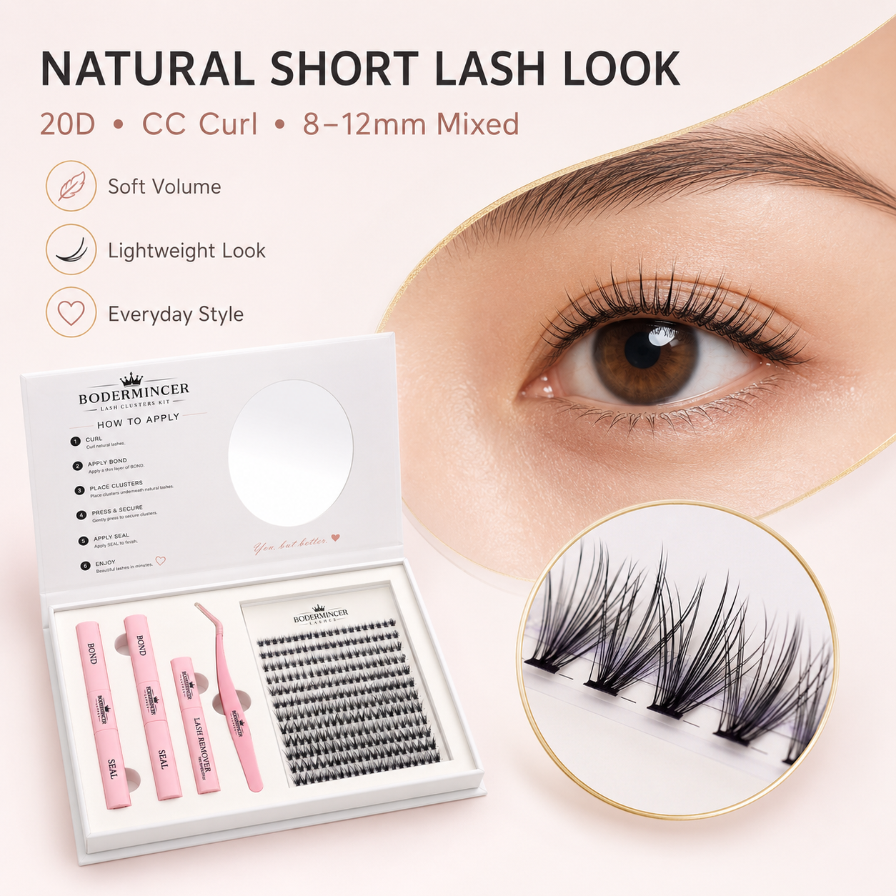 BODERMINCER 20D Lash Clusters Kit, CC Curl, 8-12mm Short Mixed Complete DIY kit with 2 Bond & Seal tubes, remover and lash tweezers.