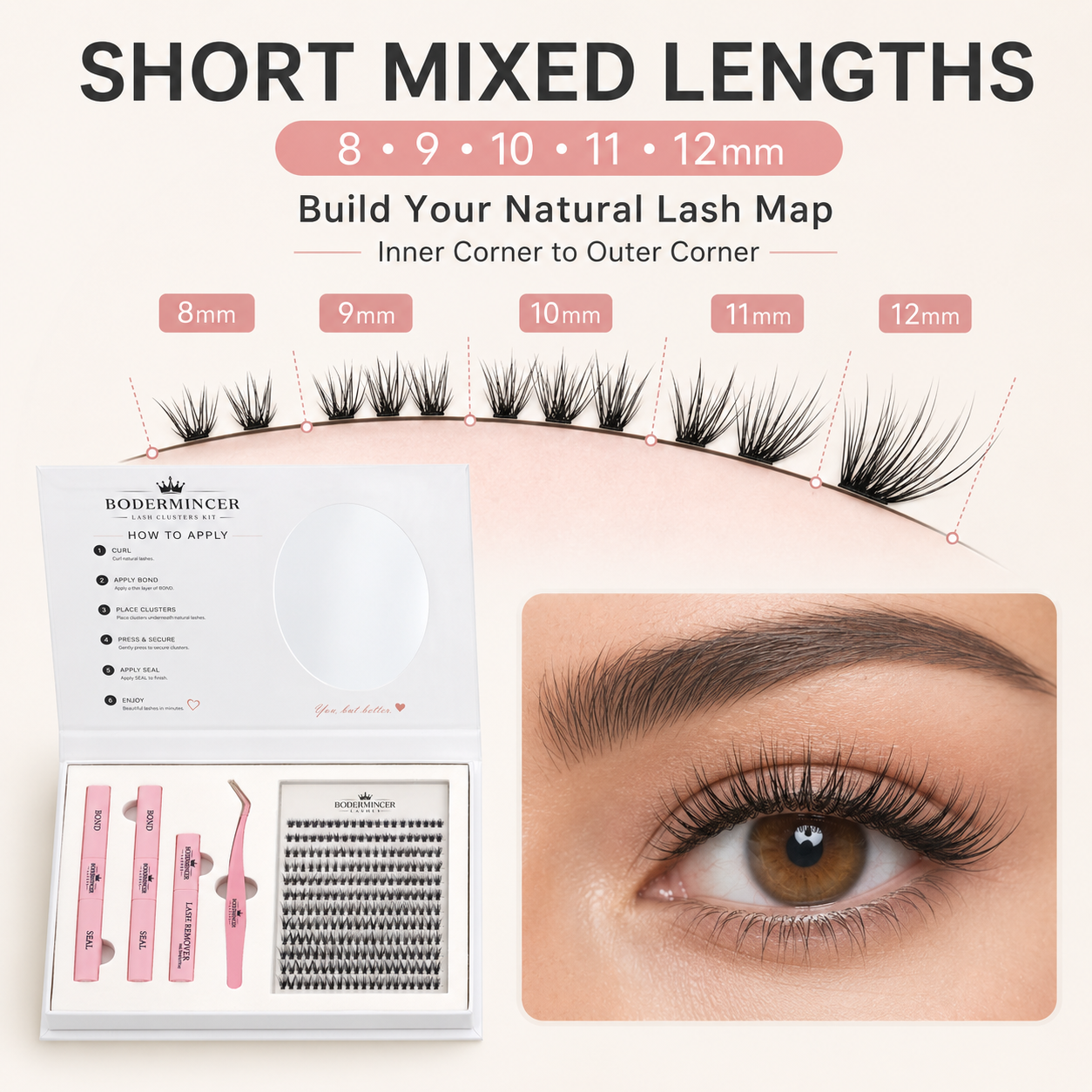 BODERMINCER 20D Lash Clusters Kit, CC Curl, 8-12mm Short Mixed Complete DIY kit with 2 Bond & Seal tubes, remover and lash tweezers.