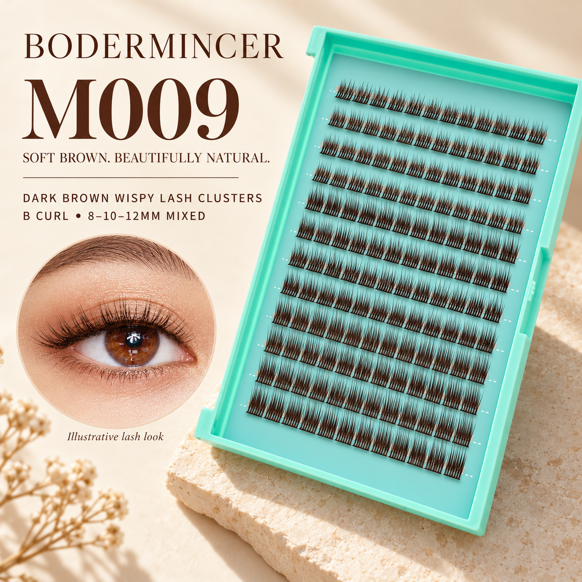 BODERMINCER M009 Dark Brown 8-10-12mm Mixed Lash Clusters B Curl
