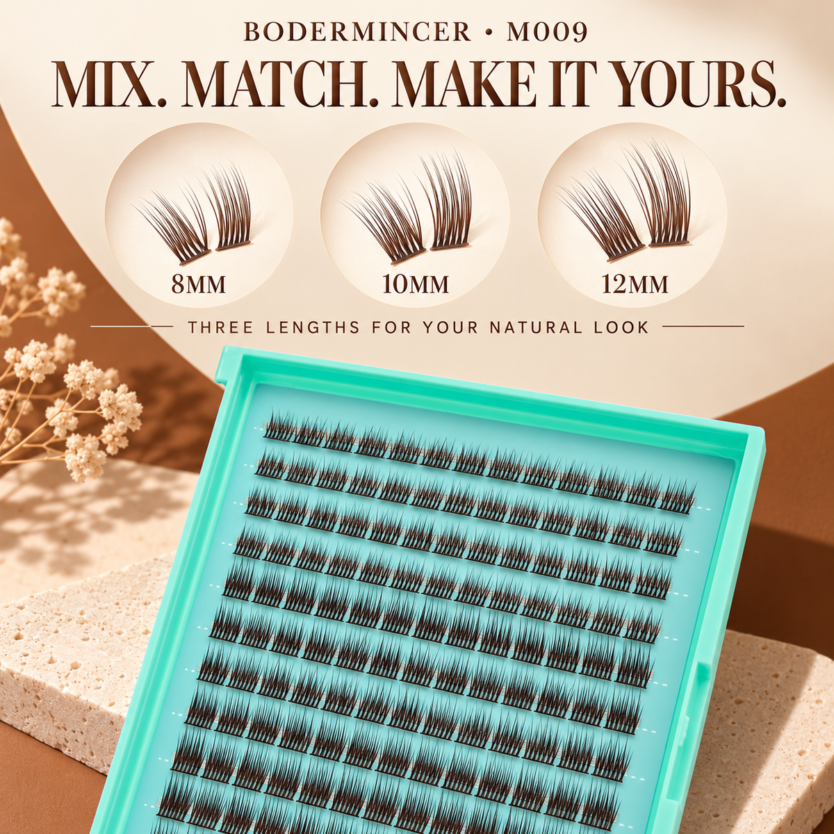 BODERMINCER M009 Dark Brown 8-10-12mm Mixed Lash Clusters B Curl