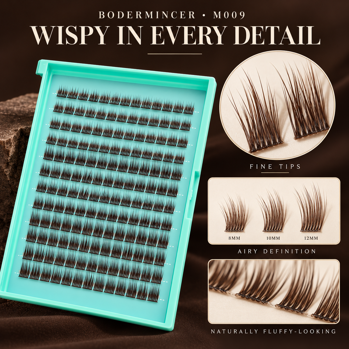 BODERMINCER M009 Dark Brown 8-10-12mm Mixed Lash Clusters B Curl